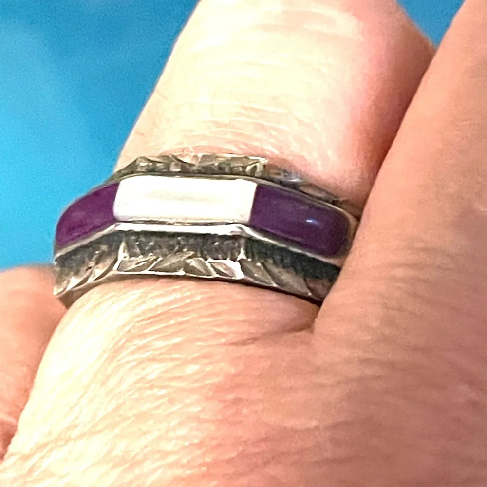 Sterling Charoite and Mother of Pearl Ring sz 10